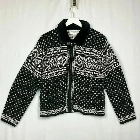 Jones New York Womens Cardigan Black/Cream L Y2K Vintage Fair Isle Zip Front EUC - Picture 1 of 15